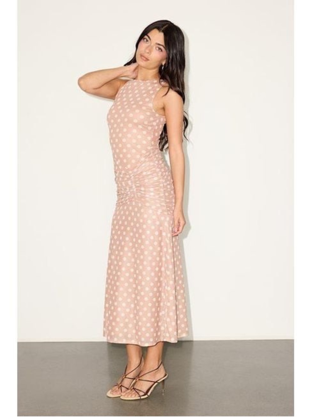 AFRM LOS ANGELES Women's Natural Loren Polka Dot Mesh Ruched Midi Dress